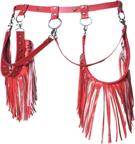 Womens Gothic Leather Tassel Body Leg Harness Garter Waist Belt Fringe Skirt for Music Festival Dance Party