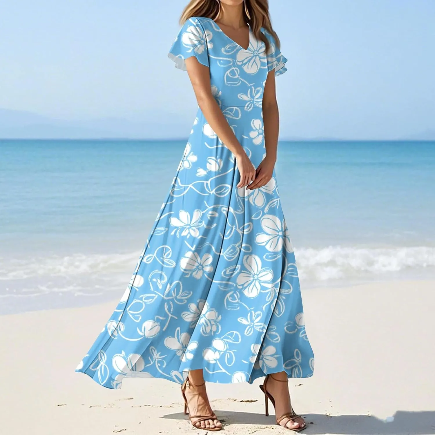 Women's Summer Dress 2025 Short Sleeve V-Neck Boho Floral Printed Flowy Swing Sundress Casual Wedding Guest Dresses