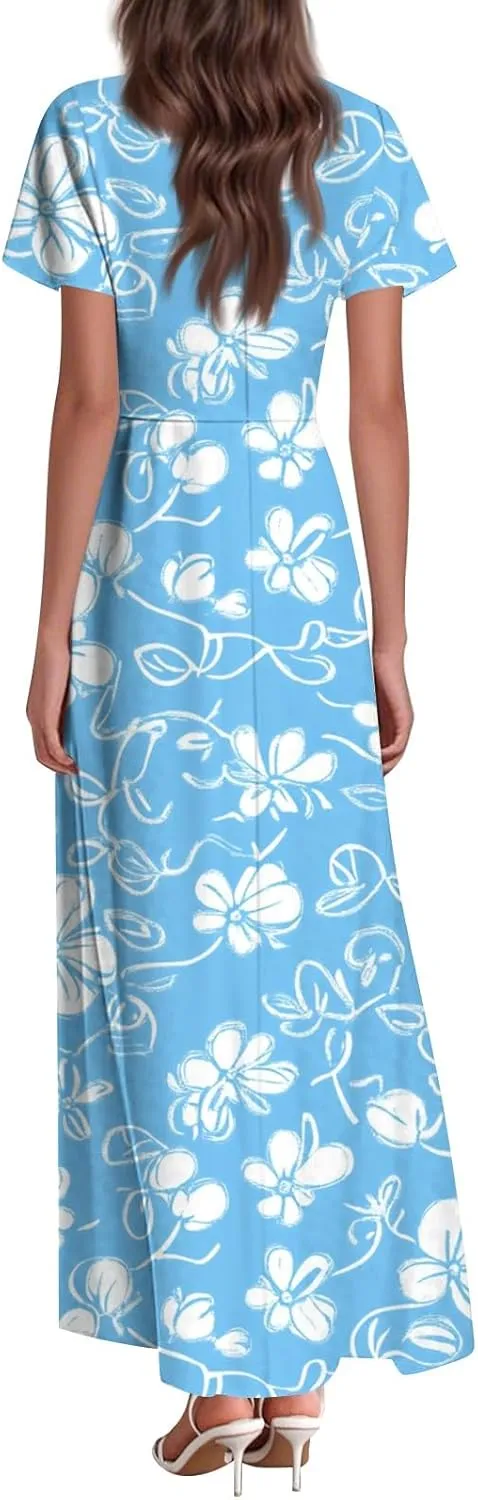 Women's Summer Dress 2025 Short Sleeve V-Neck Boho Floral Printed Flowy Swing Sundress Casual Wedding Guest Dresses