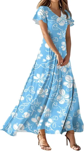 Women's Summer Dress 2025 Short Sleeve V-Neck Boho Floral Printed Flowy Swing Sundress Casual Wedding Guest Dresses
