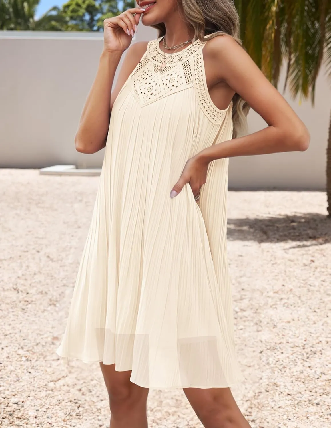 ZESICA Women's 2025 Summer Halter Chiffon Mini Dresses Sleeveless Hollow Out A Line Flowy Ruffle Beach Vacation Sundress