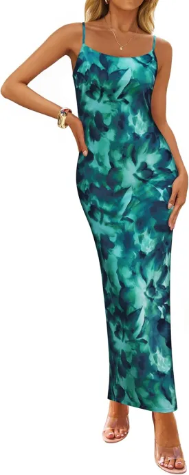 ZESICA Womens Summer Bodycon Maxi Dresses 2025 Floral Spaghetti Strap Square Neck Sleeveless Boho Beach Long Dresses