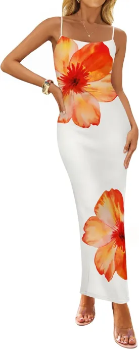 ZESICA Womens Summer Bodycon Maxi Dresses 2025 Floral Spaghetti Strap Square Neck Sleeveless Boho Beach Long Dresses