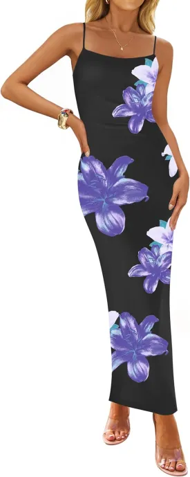 ZESICA Womens Summer Bodycon Maxi Dresses 2025 Floral Spaghetti Strap Square Neck Sleeveless Boho Beach Long Dresses